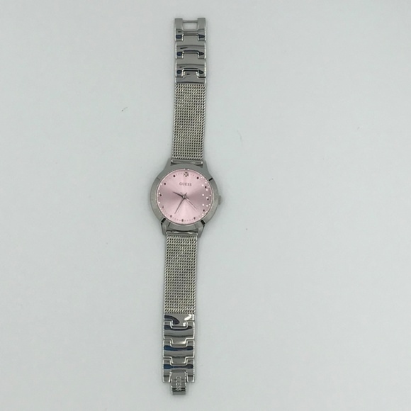 NWOT Guess Women’s Silver Tone, Pink Face Watch With Mesh Wristband - Picture 6 of 9